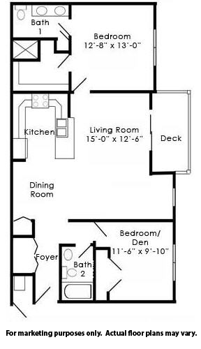 Floor plan for 2 beds, 2 baths, 1178 sqft